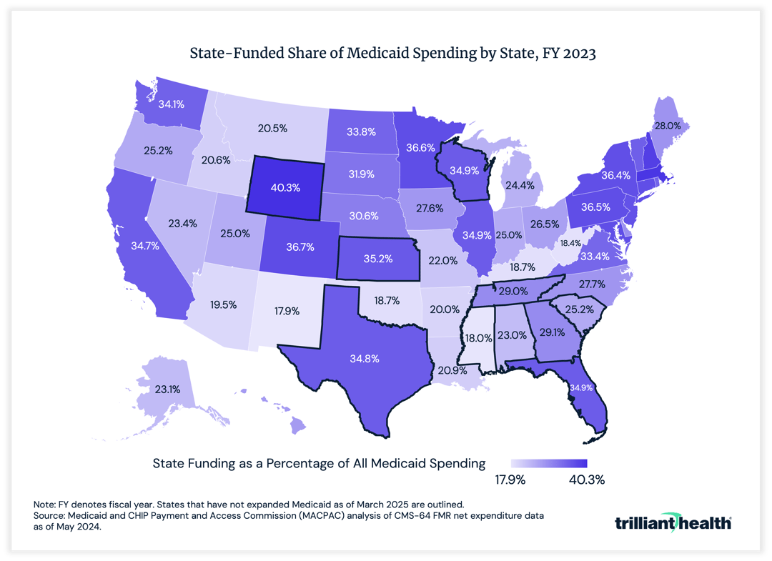 A map of the U.S. showing state-funded share of medicaid spending by state