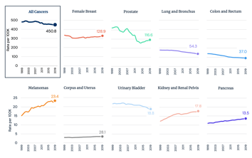 Annual Rate of Incident Cancer Per 100K, for Select Cancers, 1999 - 2019