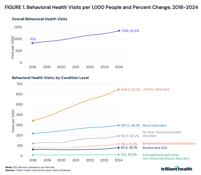 Behavioral Health Visits per 1,000 People and Percent Change, 2018-2024