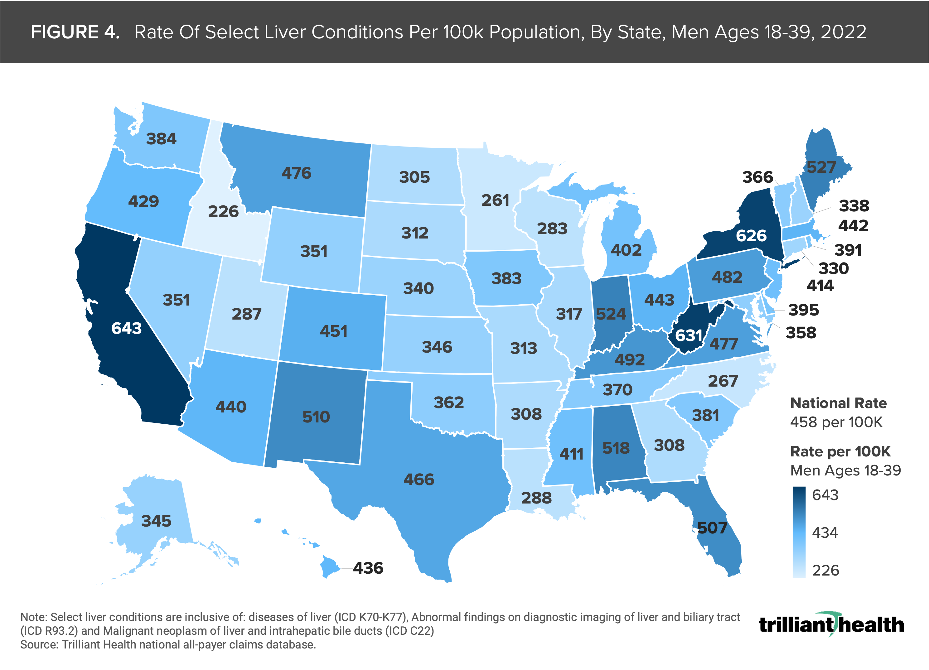 Rate of Select Liver Conditions Per 100K Population, By State, Men Ages 18-39, 2022