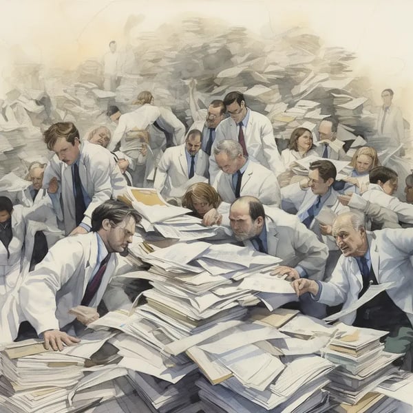 image generated by Midjourney — “watercolor of an onslaught of paper documents overwhelming doctors”