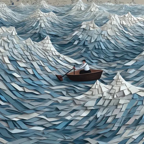 image generated by Midjourney — “a doctor trying to row a boat through an endless sea of paper in the style of Georgia O’Keeffe”