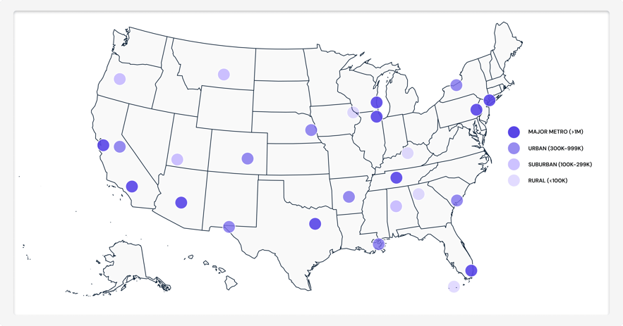 Rendering of map showing different markets and their sizes based on Trilliant Heath's market segements