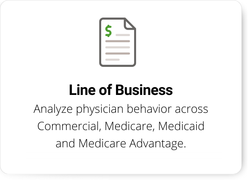 Analyze physician behavior across Commercial, Medicare, Medicaid and Medicare Advantage 