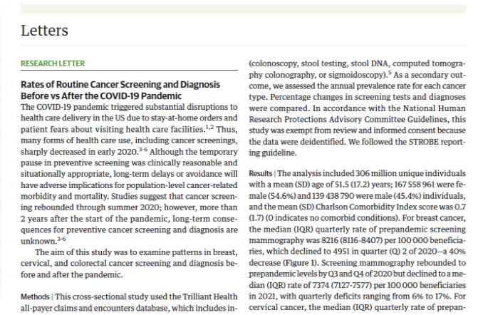 Rates of Routine Cancer Screening and Diagnosis Before vs After the COVID-19 Pandemic 