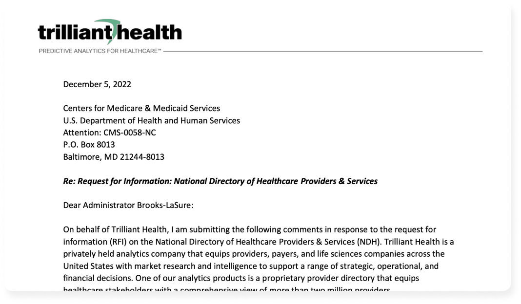 Trilliant Health’s Response to CMS’s RFI for a National Directory of Healthcare Providers & Services 